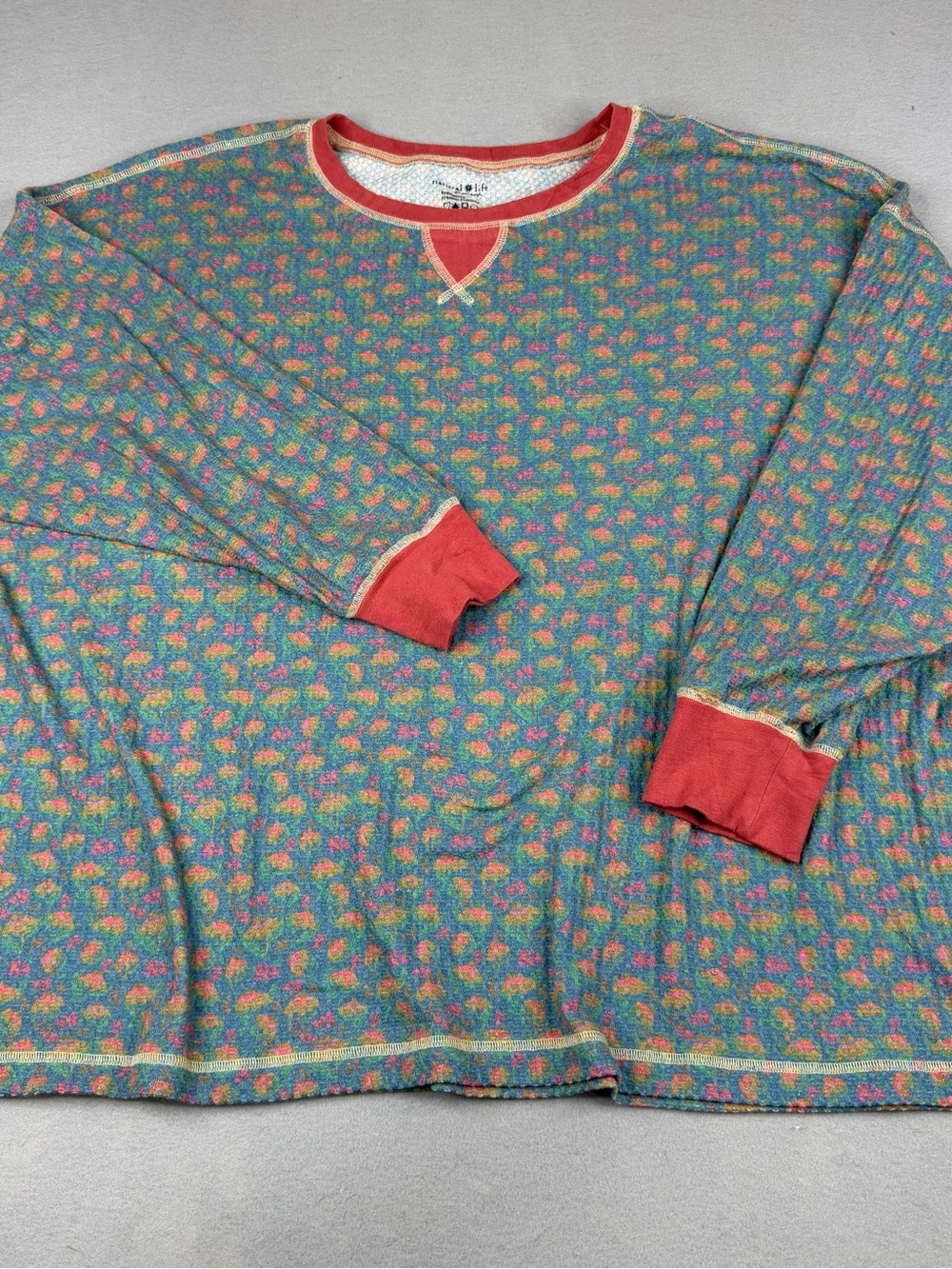 Natural Life Floral Waffle Knit Thermal Top L Blue Pink Boho Pajama Lounge